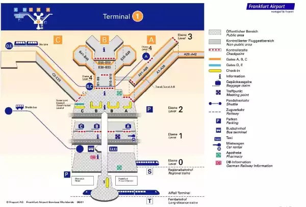 Mapa de salidas de la terminal 1, puerta A B C en el nivel 2 del aeropuerto de Frankfurt