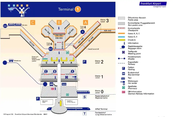 Terminal 1 Karte Gate A B C und alle Ebenen Flughafen Frankfurt Airport