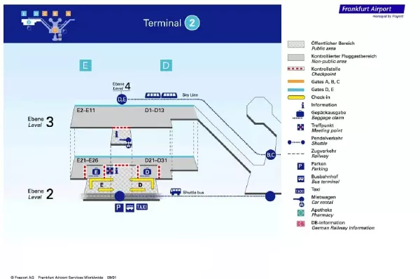 Terminal 2 departure plan gate D E on level 2 and level 3 Frankfurt Airport